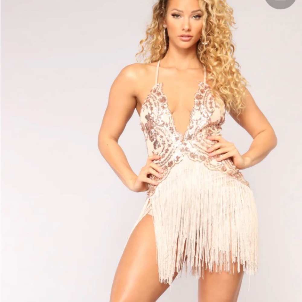 Rose gold fringe sequin mini romper dress